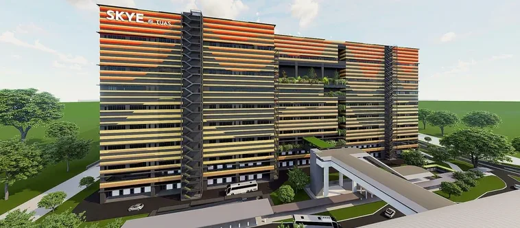 SKYE @ TUAS street-level facade with signature louvred sunshades